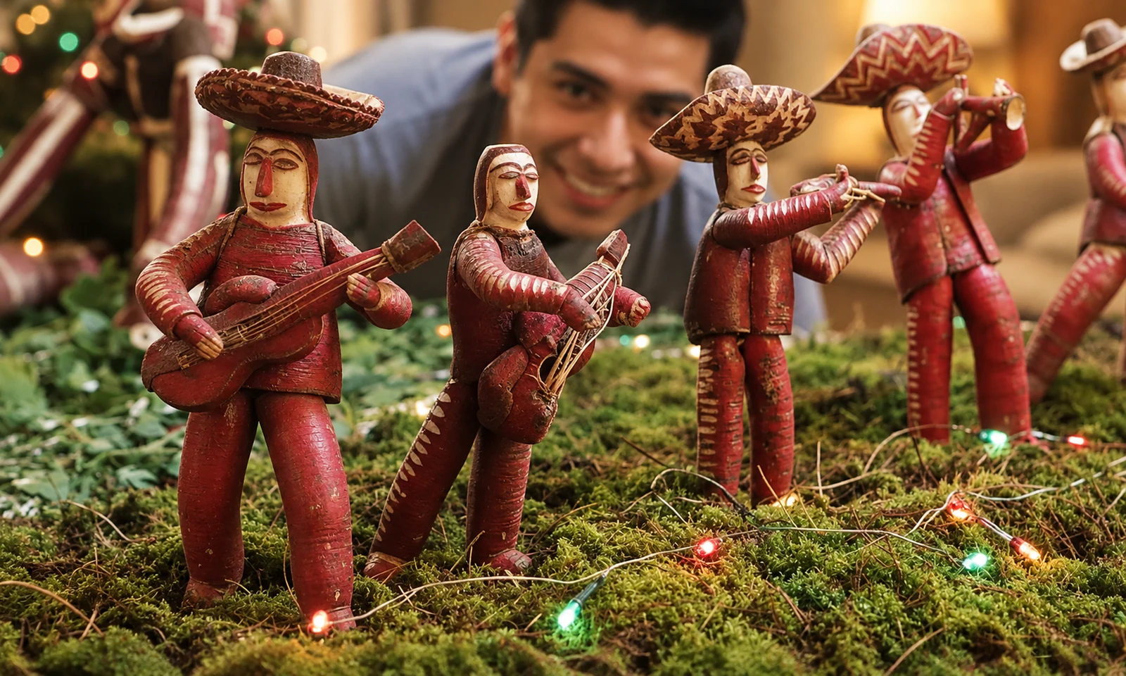 Miniature musicians in broad hats, with guitars and a trumpet, standing on green moss