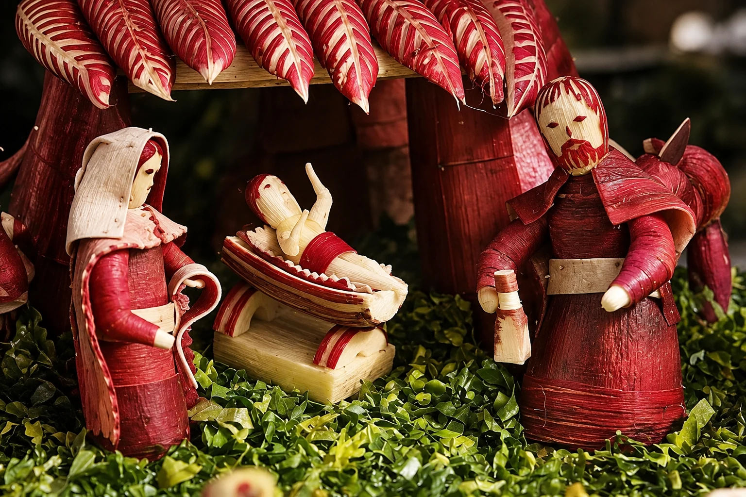 A small red-and-cream nativity scene with Mary, Joseph and the baby, surrounded by greenery