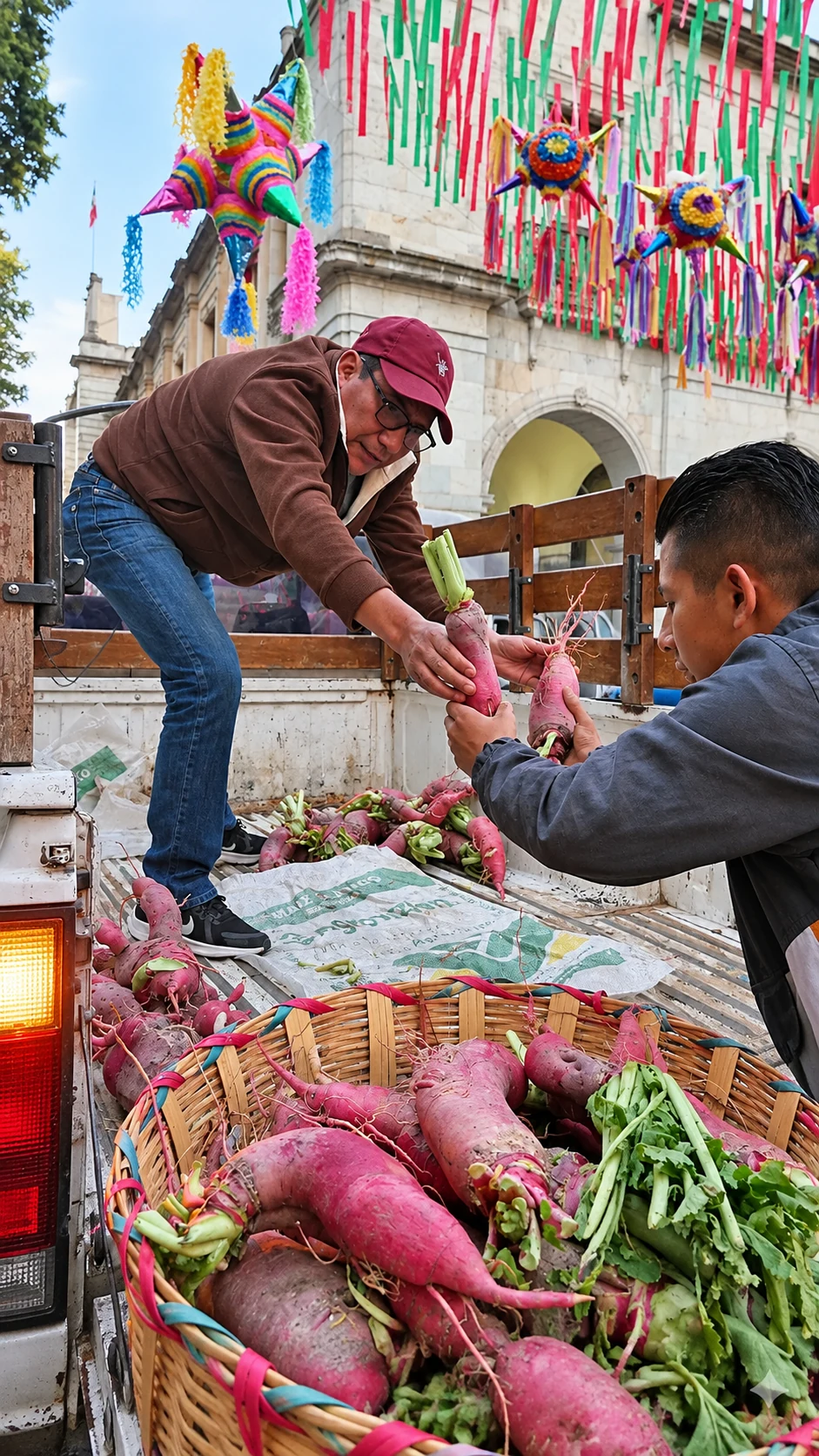 Two men unloading oversized radishes beside a basket beneath festive decorations