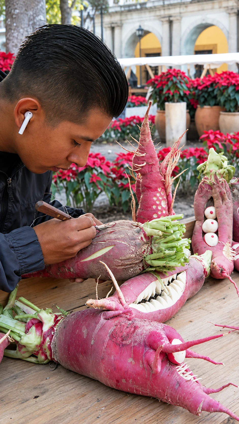 A young artisan carving a large radish at his worktable