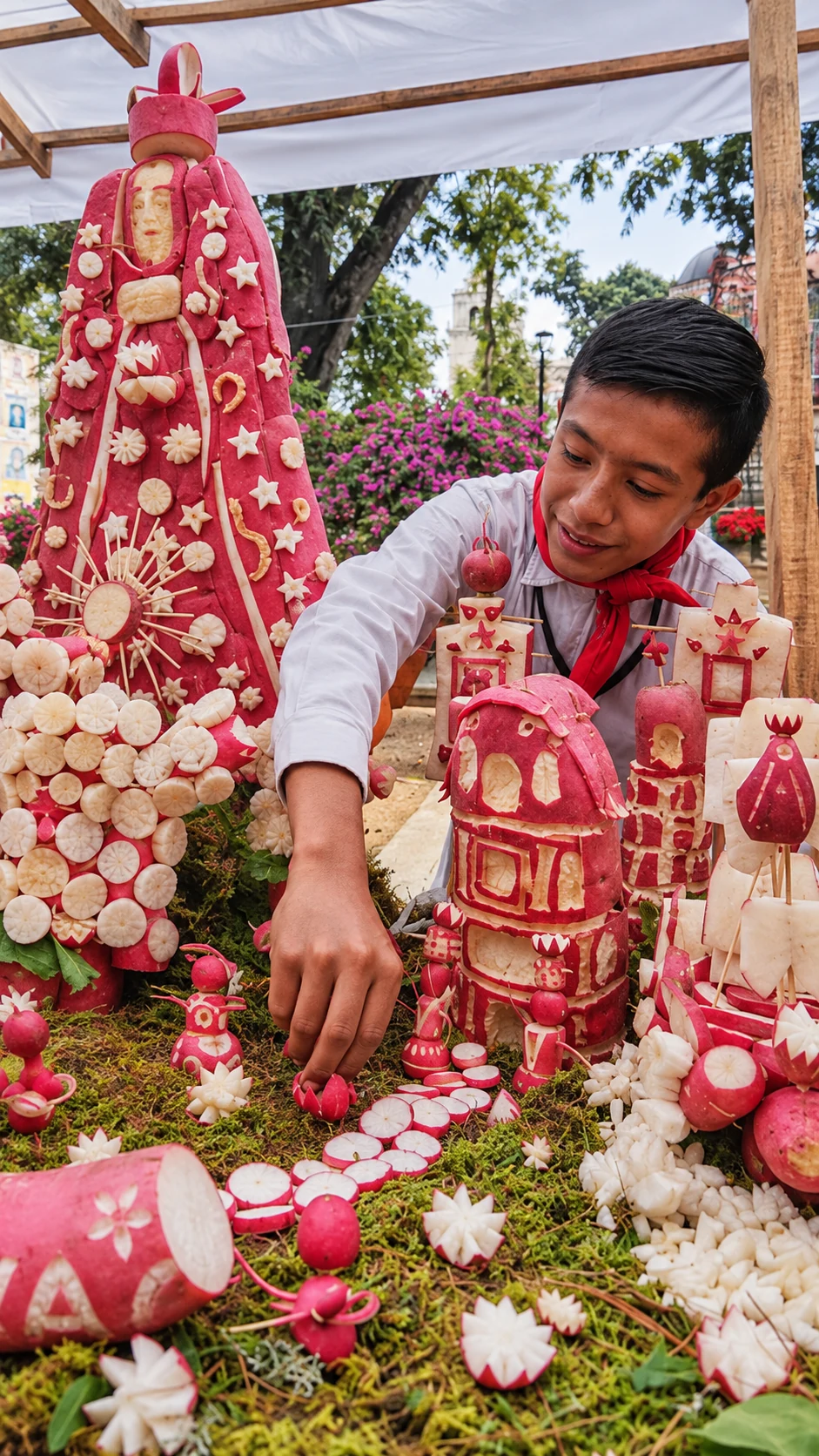 An artisan in a grey shirt arranging a red-and-white festival composition