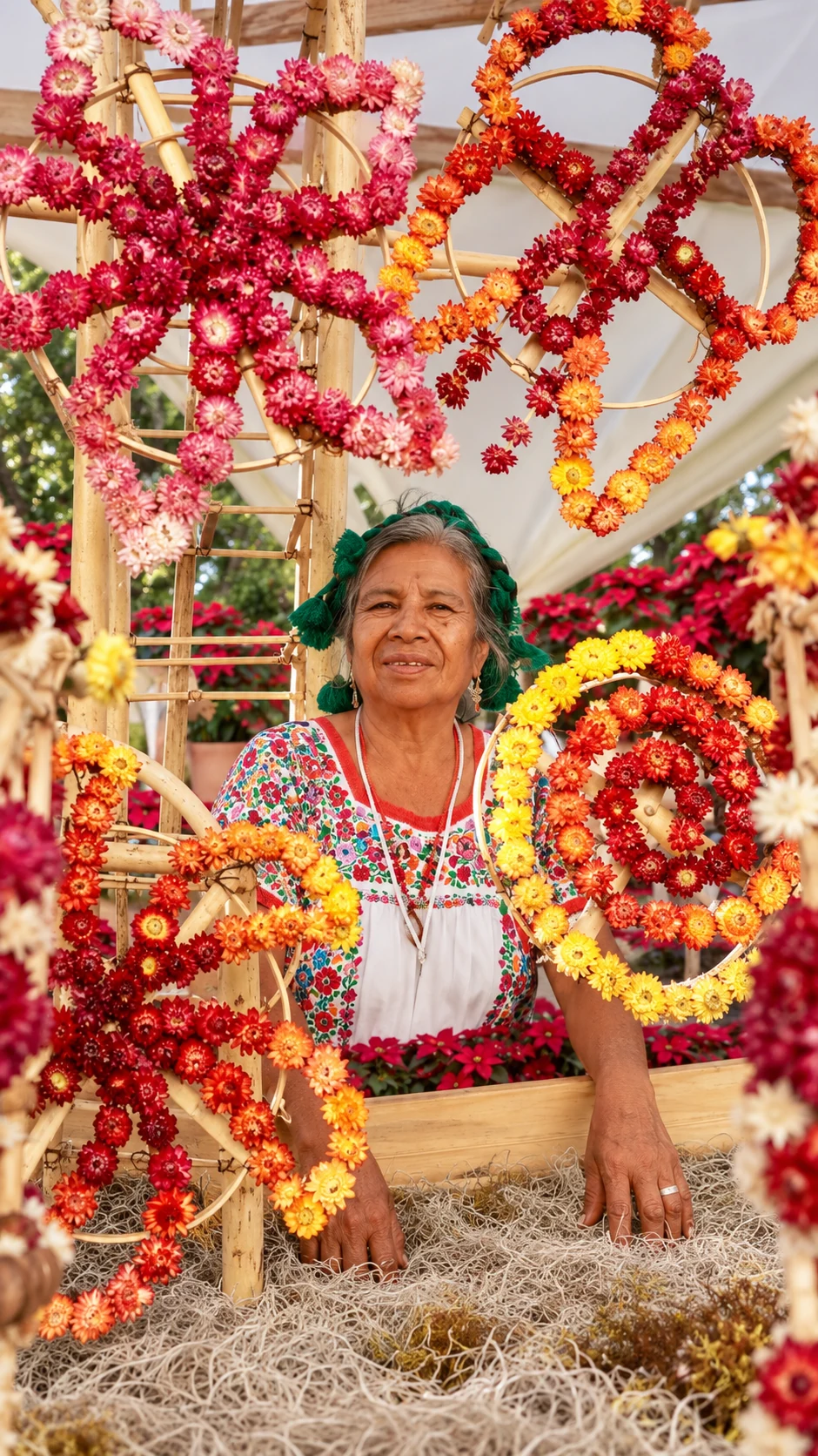 A woman surrounded by bright circular decorations made from dried flowers