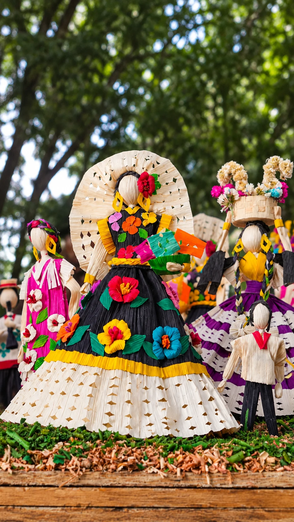 Folk figures made from corn husks wearing colourful dresses