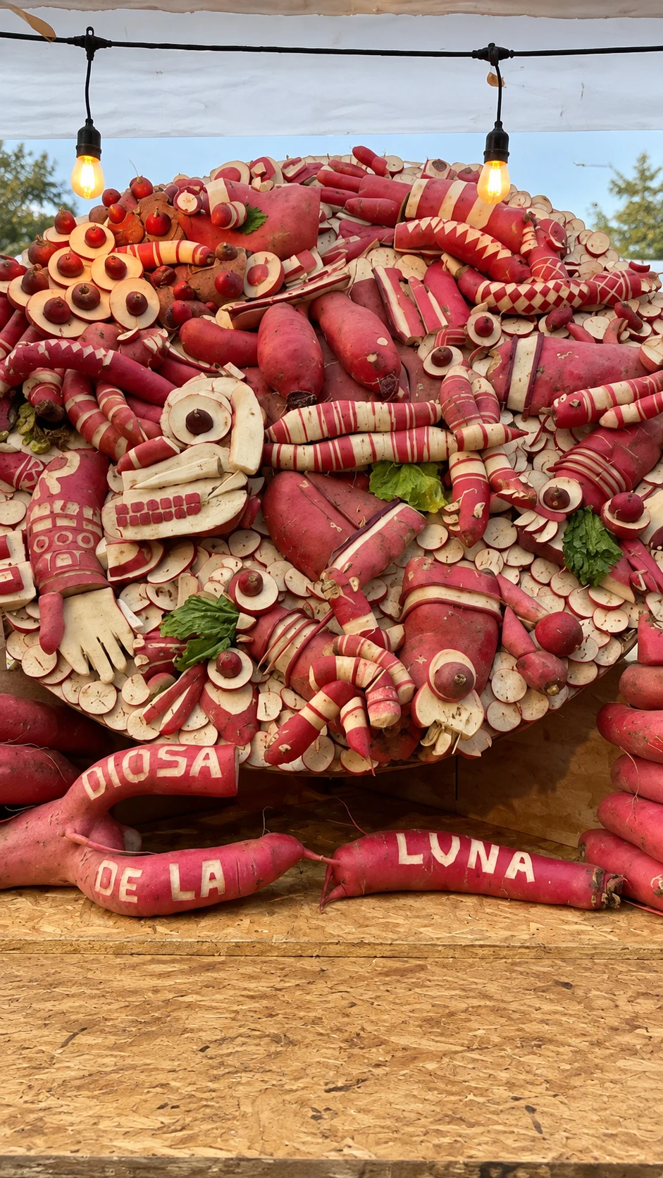 An elaborate circular radish relief with a central face and surrounding patterns