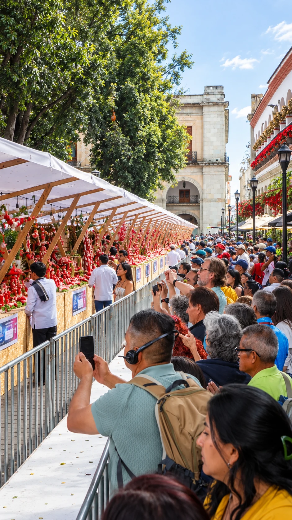 Visitors following the exhibition past white-roofed stalls in Oaxaca’s historic centre