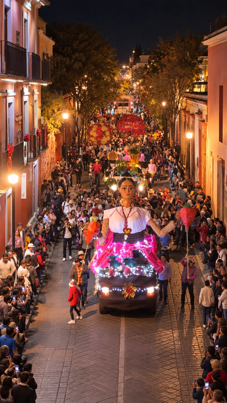 A night procession with a large illuminated puppet and musicians in Oaxaca